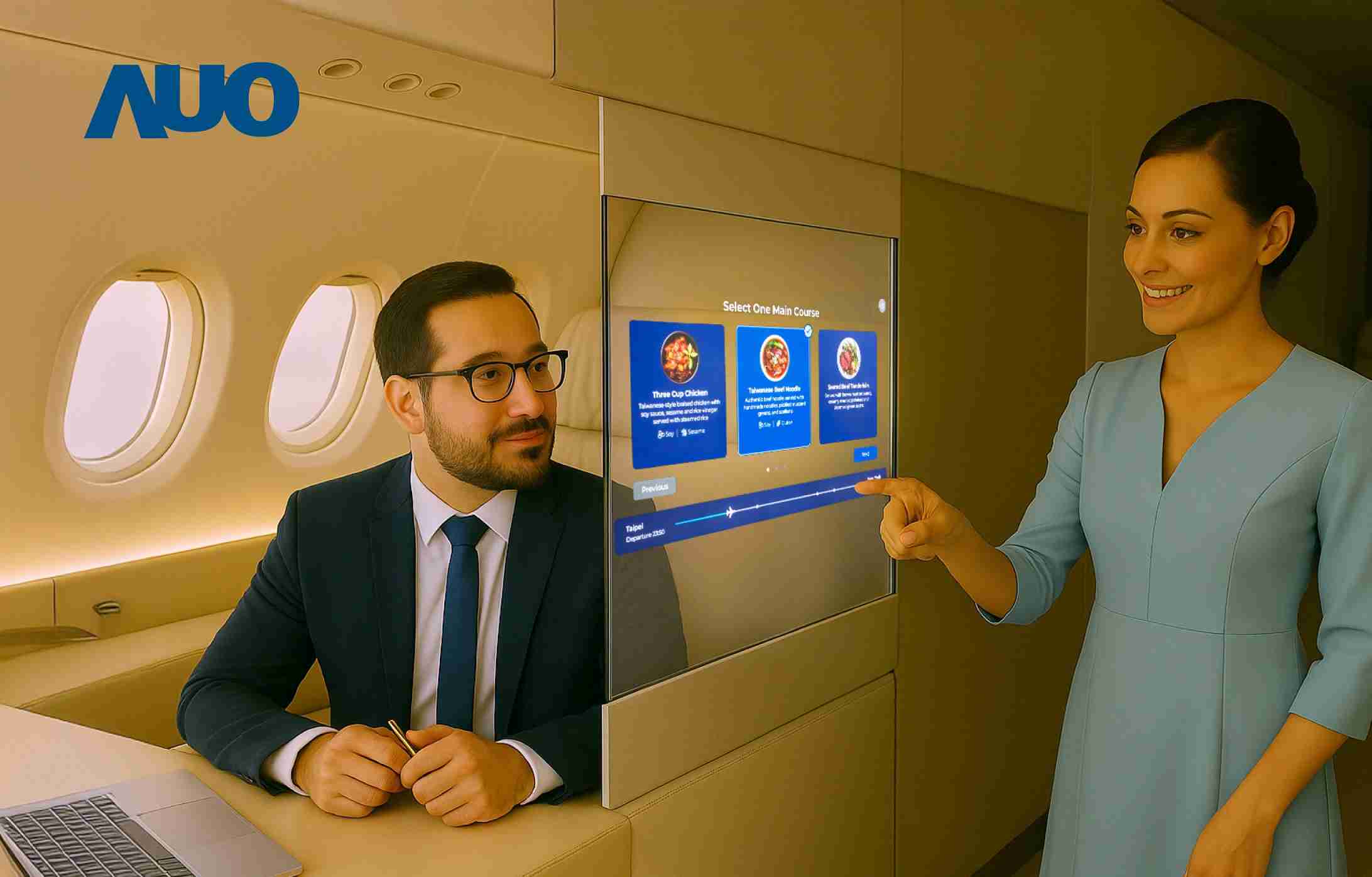 PA直营研发全球最薄17.3 吋双面透明 Micro LED 显示器，，，，可在同一屏幕之双边投射不同信息，，创造独特的”透明化”互动；图为实时翻译交流应用情境